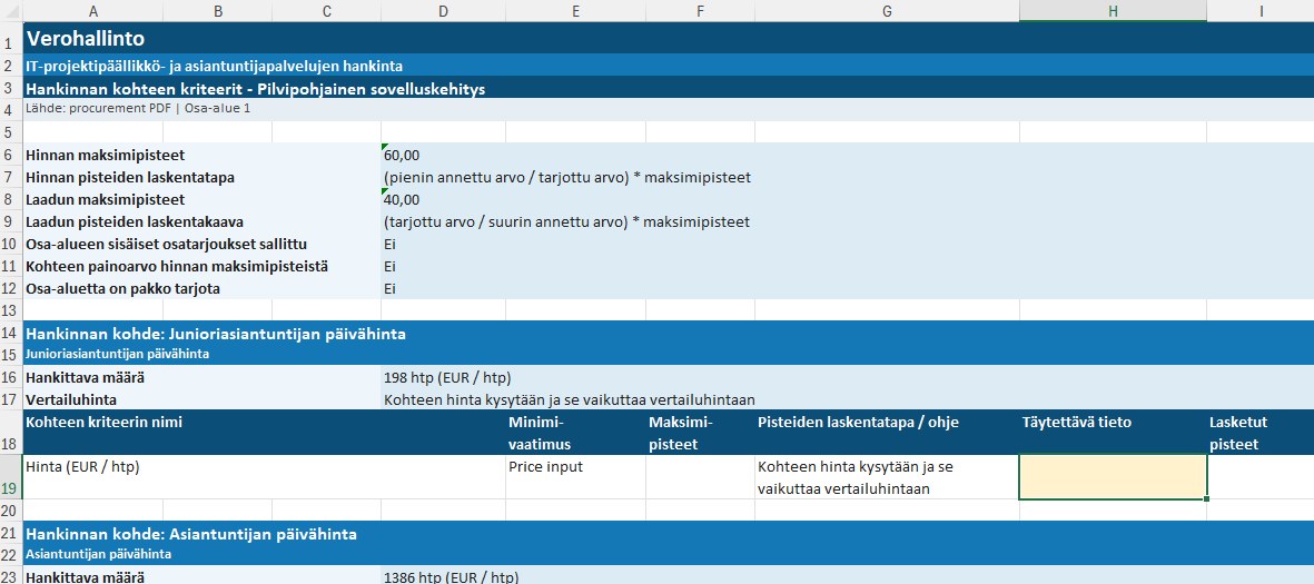 Tarjouspyynnön kriteerit Excel-työkirjana: hinnan ja laadun pisteet, täytettävät kentät