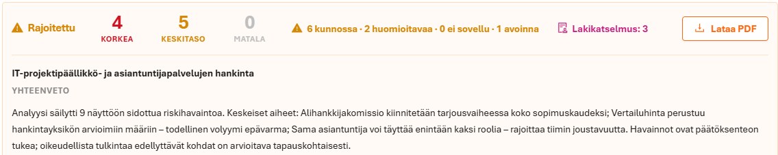 Tarjouspyynnön riskianalyysi: 4 korkeaa ja 5 keskitason havaintoa, yhteenveto